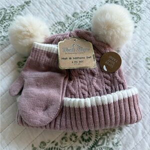First Steps Pink and Cream Knit Hat & Mittens Set